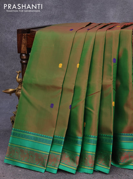 Pure kanjivaram silk saree dual shade of greenish red and green with thread woven buttas and thread woven border