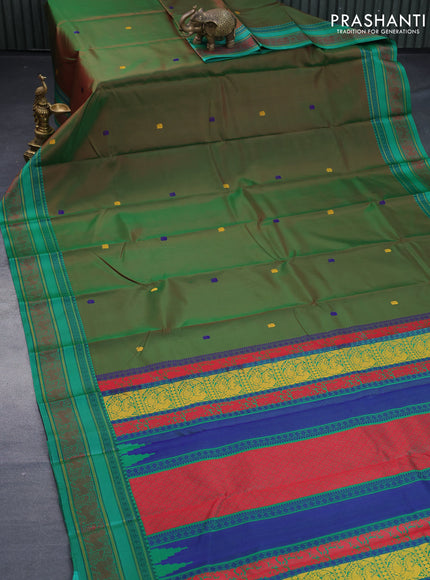 Pure kanjivaram silk saree dual shade of greenish red and green with thread woven buttas and thread woven border