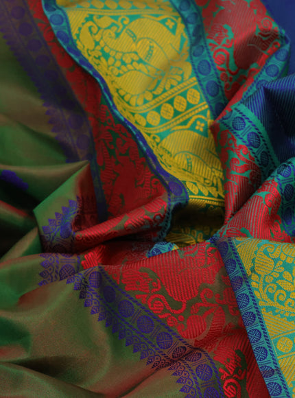 Pure kanjivaram silk saree dual shade of greenish red and green with thread woven buttas and thread woven border