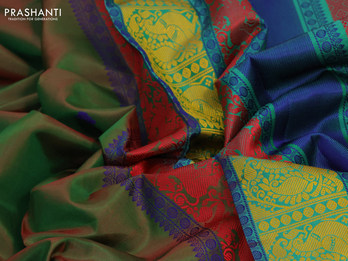 Pure kanjivaram silk saree dual shade of greenish red and green with thread woven buttas and thread woven border