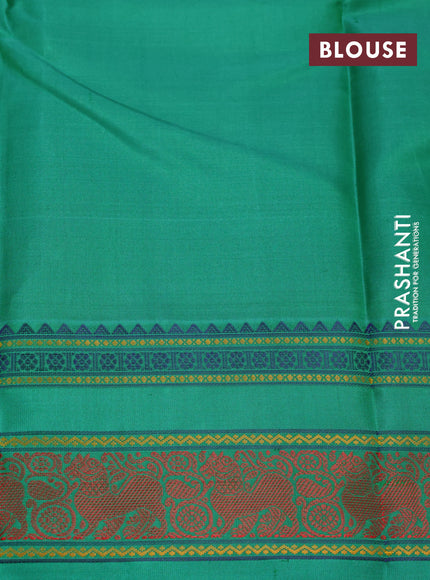 Pure kanjivaram silk saree dual shade of greenish red and green with thread woven buttas and thread woven border