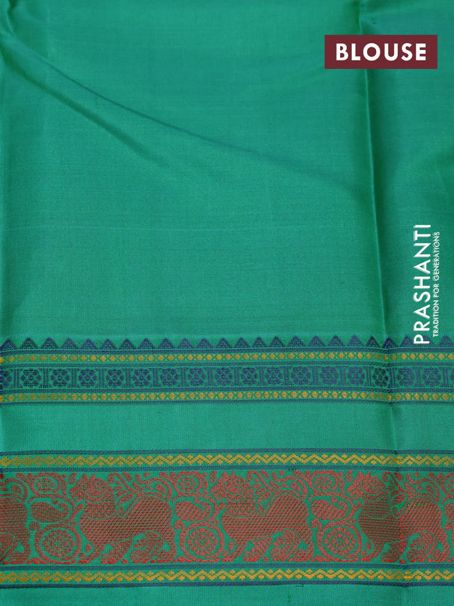 Pure kanjivaram silk saree dual shade of greenish red and green with thread woven buttas and thread woven border