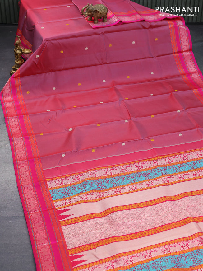 Pure kanjivaram silk saree dual shade of red and pink with thread woven buttas and thread woven border