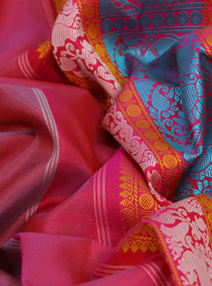 Pure kanjivaram silk saree dual shade of red and pink with thread woven buttas and thread woven border