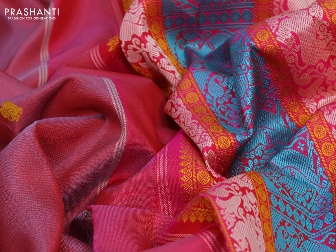 Pure kanjivaram silk saree dual shade of red and pink with thread woven buttas and thread woven border