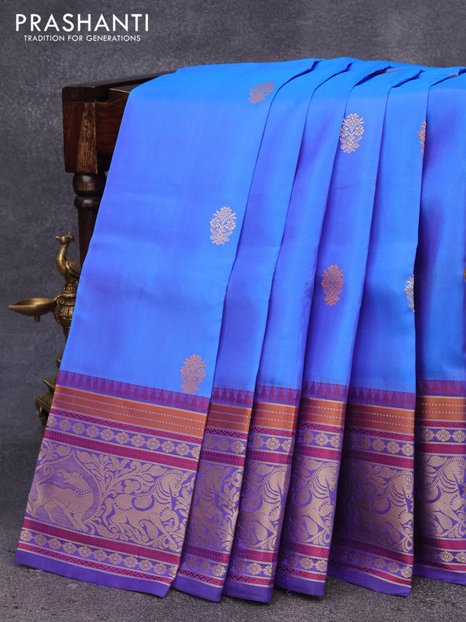 Pure kanjivaram silk saree royal blue and blue with floral thread woven buttas and long thread woven border