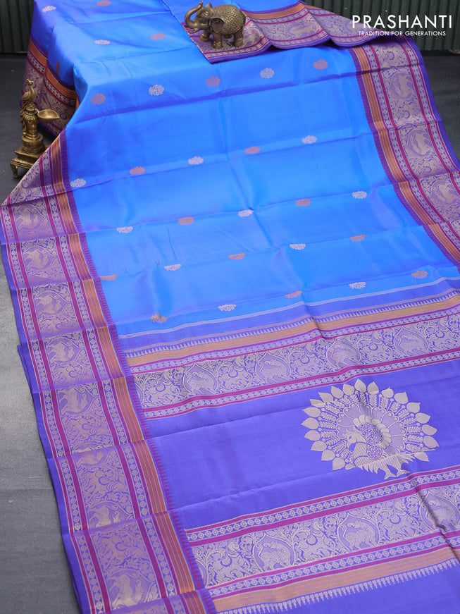 Pure kanjivaram silk saree royal blue and blue with floral thread woven buttas and long thread woven border