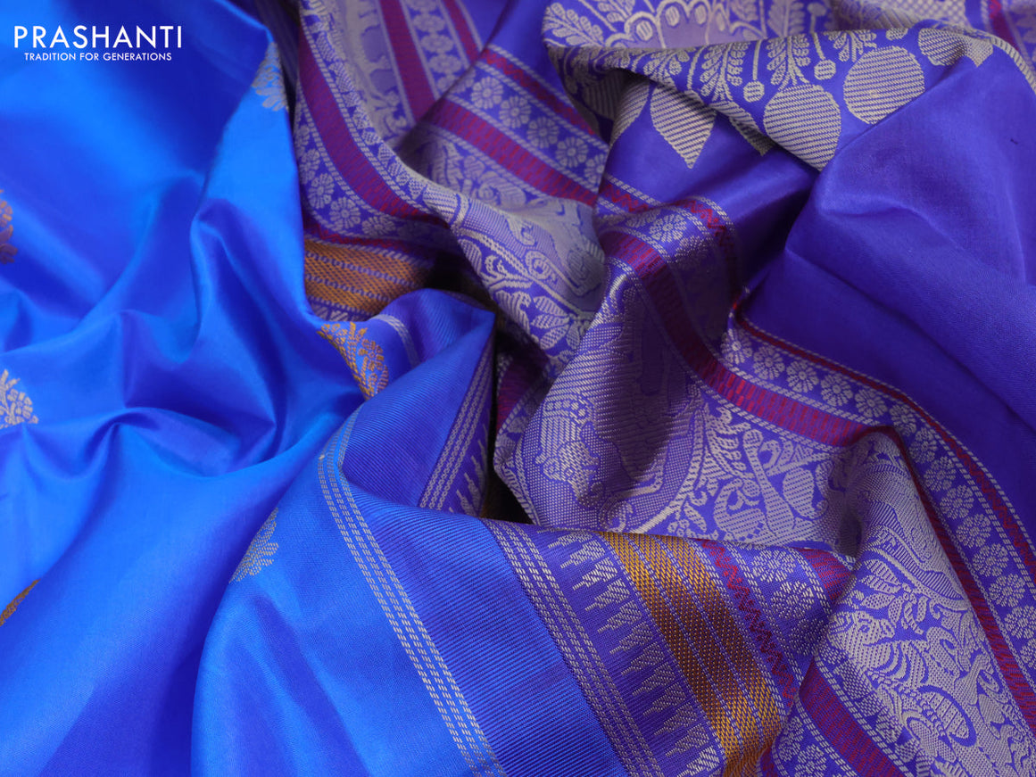 Pure kanjivaram silk saree royal blue and blue with floral thread woven buttas and long thread woven border