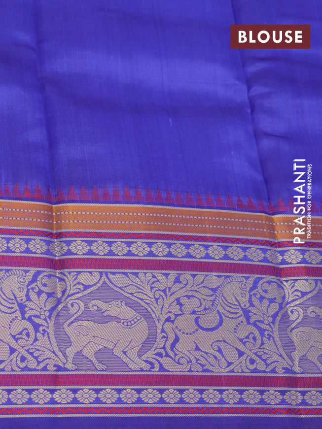 Pure kanjivaram silk saree royal blue and blue with floral thread woven buttas and long thread woven border