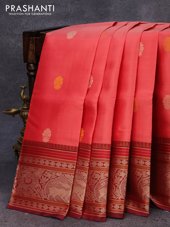 Pure kanjivaram silk saree peach red and maroon with floral thread woven buttas and long thread woven border