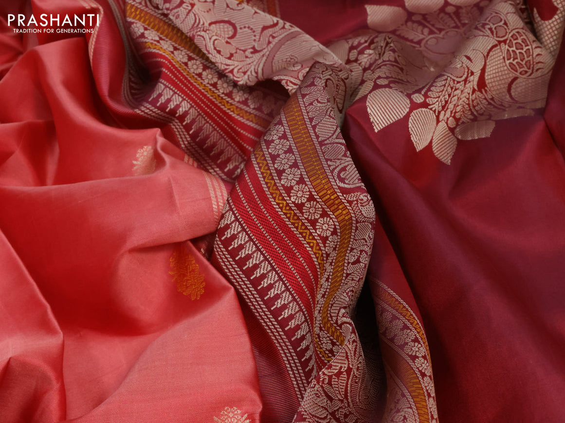 Pure kanjivaram silk saree peach red and maroon with floral thread woven buttas and long thread woven border