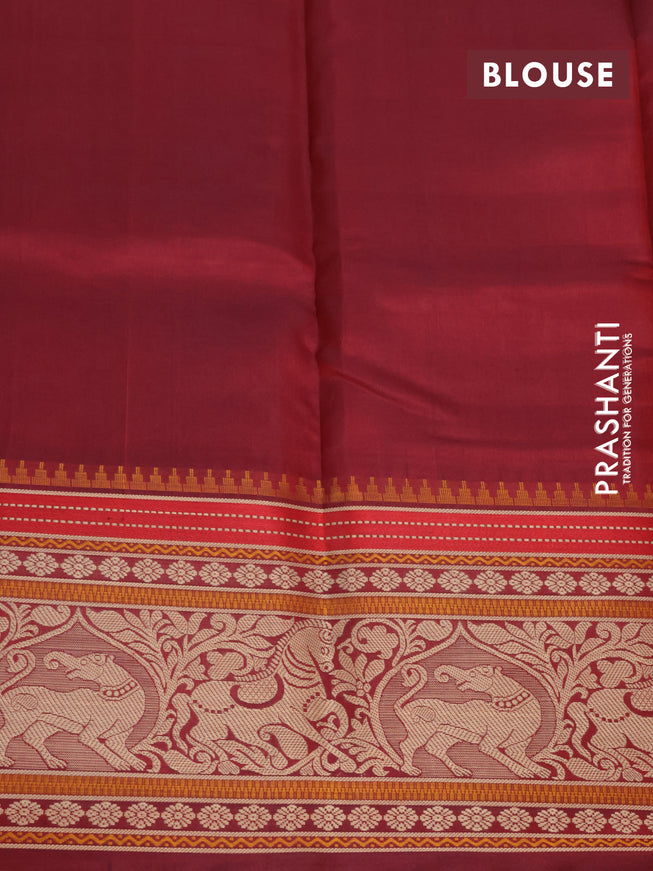 Pure kanjivaram silk saree peach red and maroon with floral thread woven buttas and long thread woven border