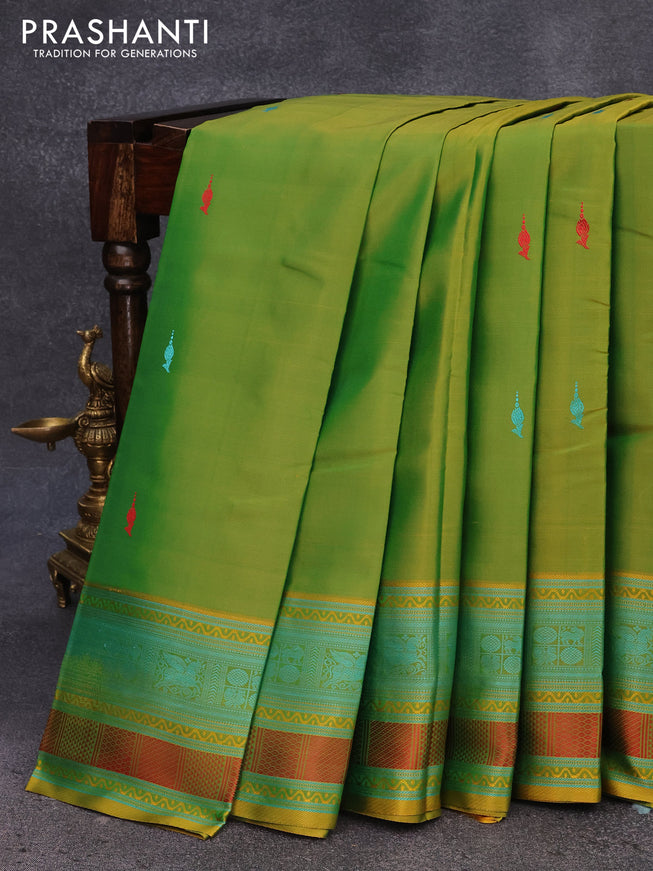 Pure kanjivaram silk saree dual shade of greenish yellow with thread woven buttas and long thread woven border