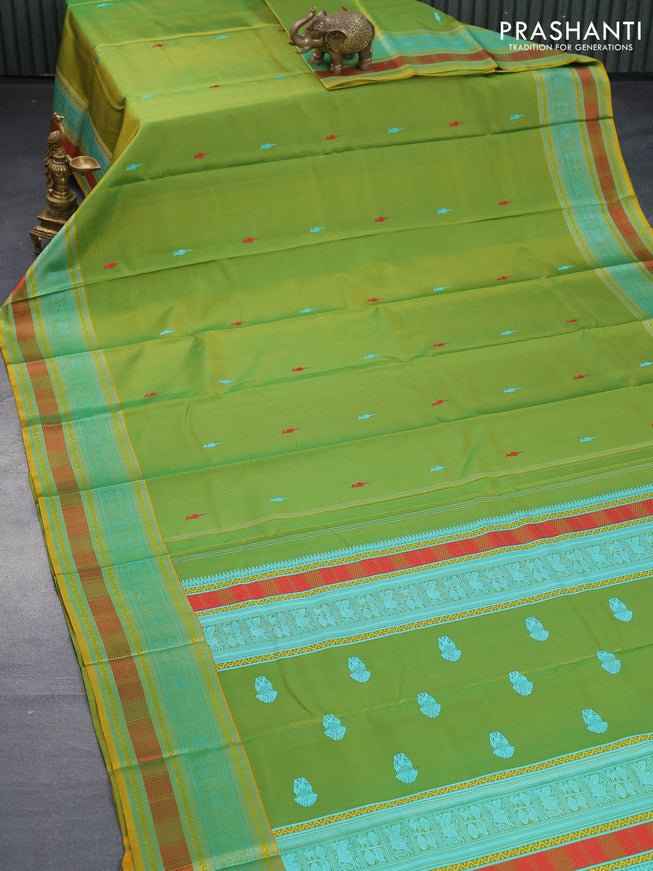 Pure kanjivaram silk saree dual shade of greenish yellow with thread woven buttas and long thread woven border