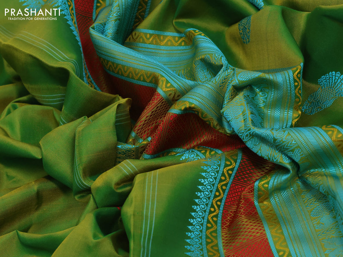 Pure kanjivaram silk saree dual shade of greenish yellow with thread woven buttas and long thread woven border