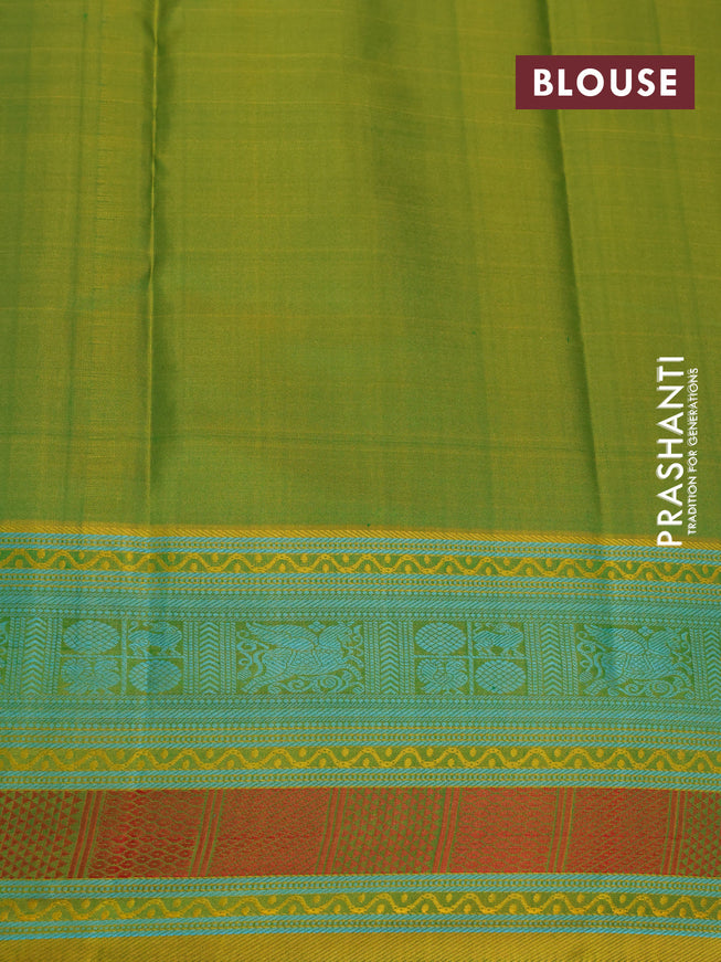 Pure kanjivaram silk saree dual shade of greenish yellow with thread woven buttas and long thread woven border