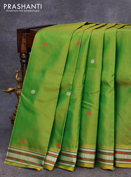 Pure kanjivaram silk saree dual shade of greenish yellow with thread woven buttas and thread woven border