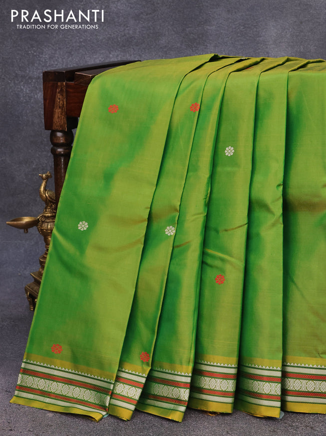 Pure kanjivaram silk saree dual shade of greenish yellow with thread woven buttas and thread woven border