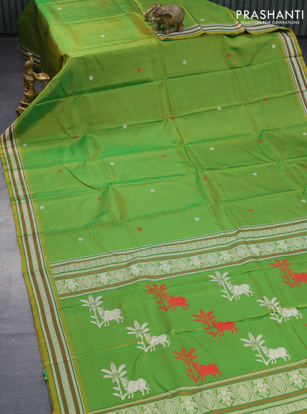 Pure kanjivaram silk saree dual shade of greenish yellow with thread woven buttas and thread woven border