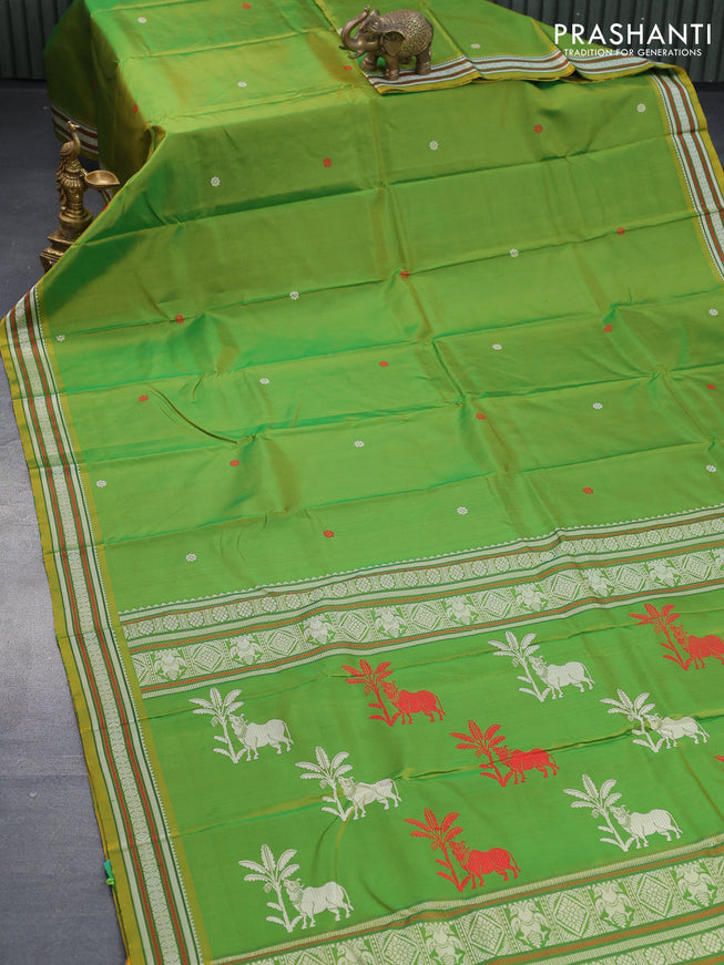 Pure kanjivaram silk saree dual shade of greenish yellow with thread woven buttas and thread woven border