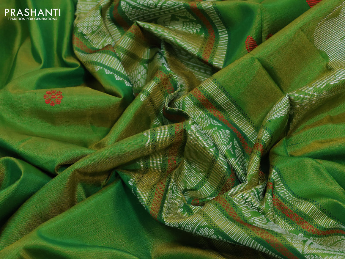 Pure kanjivaram silk saree dual shade of greenish yellow with thread woven buttas and thread woven border