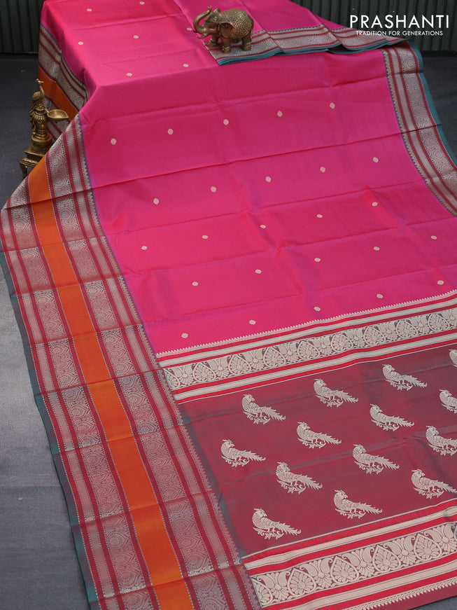 Pure kanjivaram silk saree pink and dual shade of green with thread woven buttas and long rettapet thread woven border