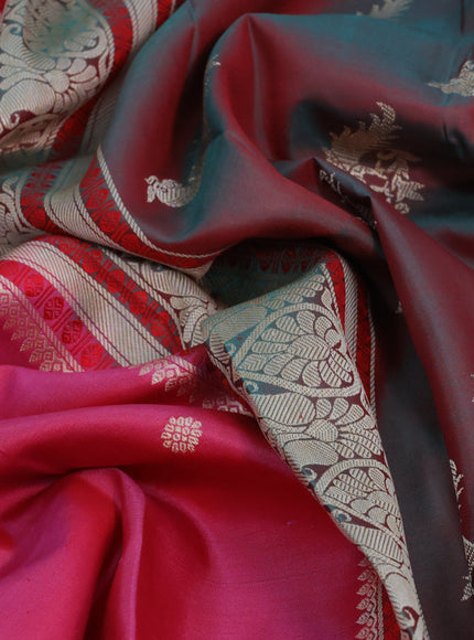 Pure kanjivaram silk saree pink and dual shade of green with thread woven buttas and long rettapet thread woven border