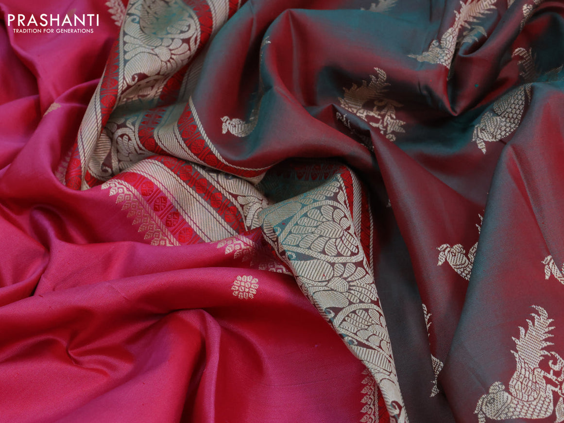 Pure kanjivaram silk saree pink and dual shade of green with thread woven buttas and long rettapet thread woven border