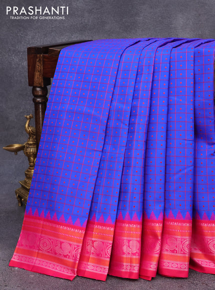 Pure kanjivaram silk saree royal blue and pink with allover thread checks & buttas and temple design thread woven border