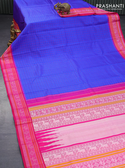 Pure kanjivaram silk saree royal blue and pink with allover thread checks & buttas and temple design thread woven border