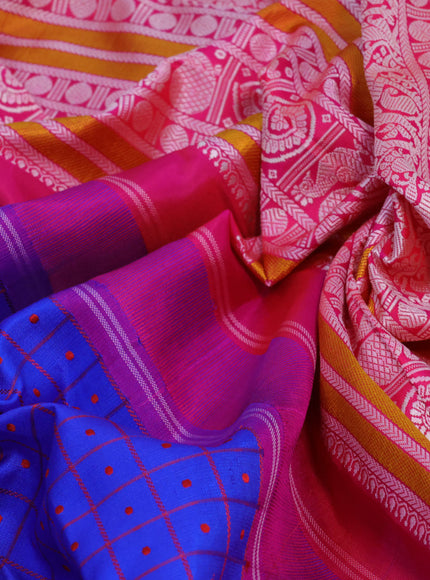 Pure kanjivaram silk saree royal blue and pink with allover thread checks & buttas and temple design thread woven border