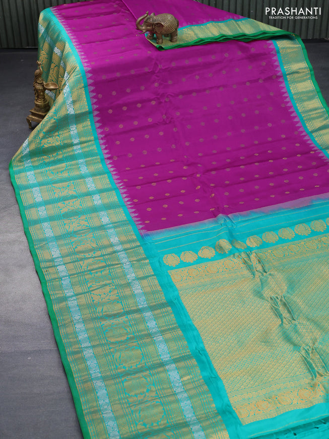 Pure gadwal silk saree pink and teal green with zari woven floral buttas and long zari woven border