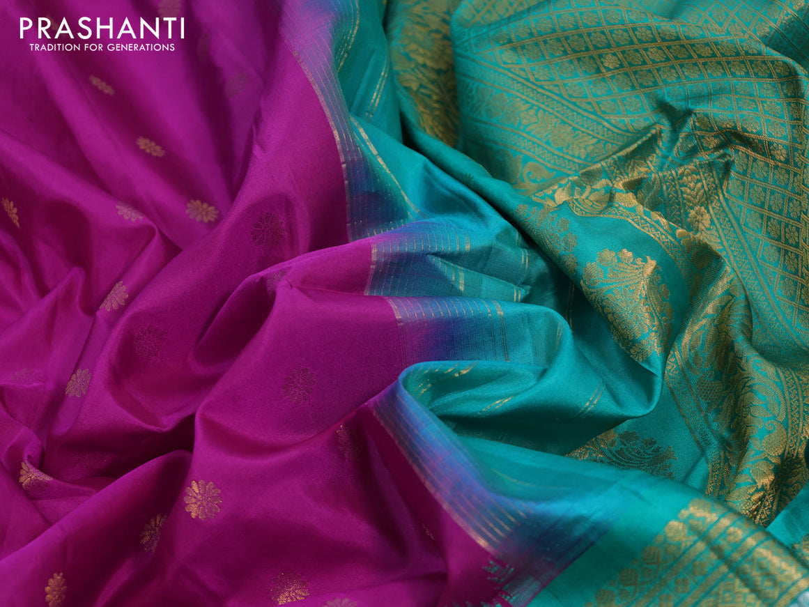 Pure gadwal silk saree pink and teal green with zari woven floral buttas and long zari woven border