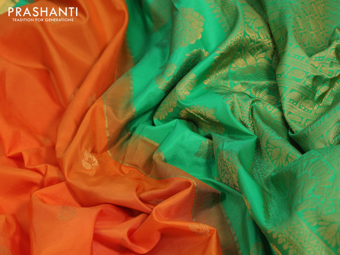 Pure gadwal silk saree orange and light green with zari woven buttas and temple design zari woven border