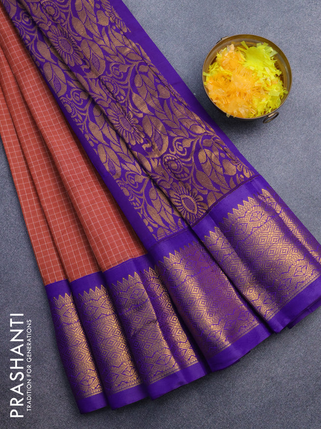Gadwal cotton saree rust shade and violet with allover checked pattern and long zari woven korvai border without blouse