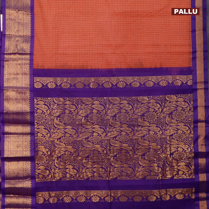 Gadwal cotton saree rust shade and violet with allover checked pattern and long zari woven korvai border without blouse