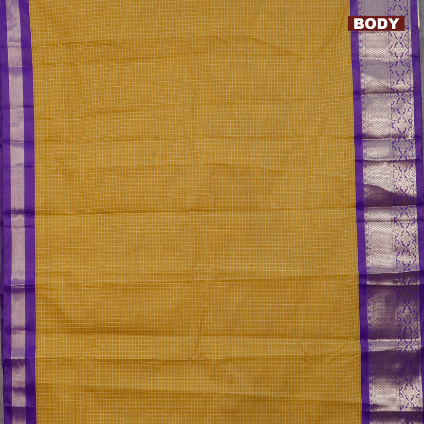Gadwal cotton saree dark sandal and violet with allover checked pattern and long zari woven korvai border without blouse