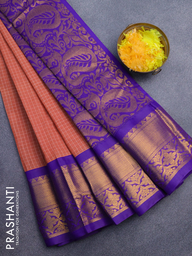 Gadwal cotton saree rust shade and violet with allover checked pattern and zari woven korvai border without blouse
