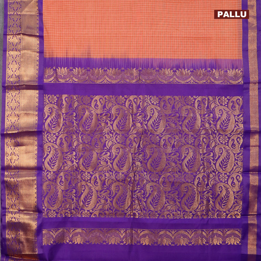Gadwal cotton saree rust shade and violet with allover checked pattern and zari woven korvai border without blouse