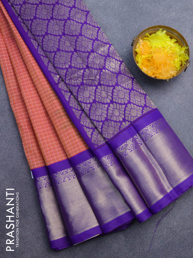 Gadwal cotton saree peach pink shade and violet with allover checked pattern and zari woven korvai border without blouse
