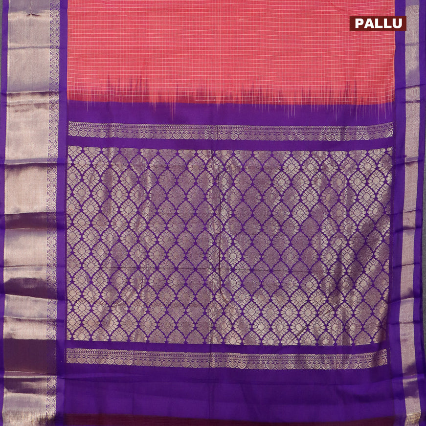 Gadwal cotton saree pink and violet with allover checked pattern and zari woven korvai border without blouse