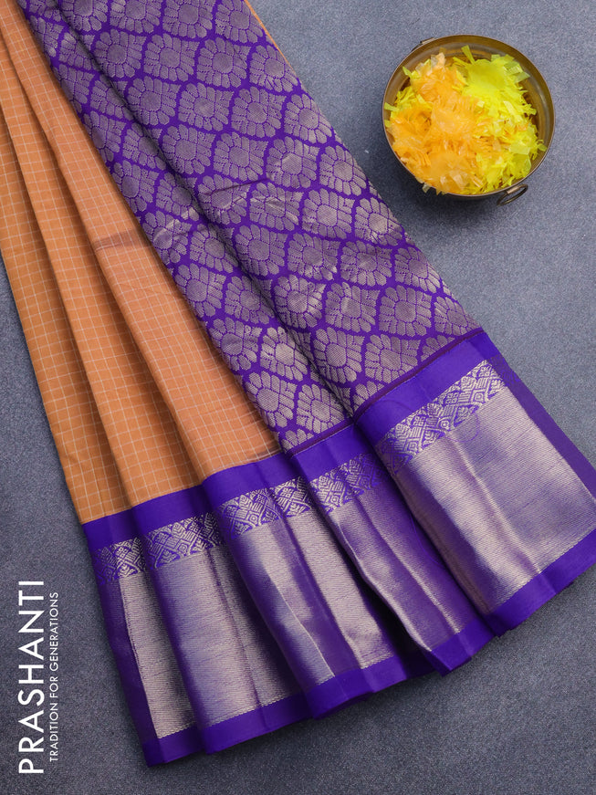 Gadwal cotton saree pale orange and violet with allover checked pattern and zari woven korvai border without blouse
