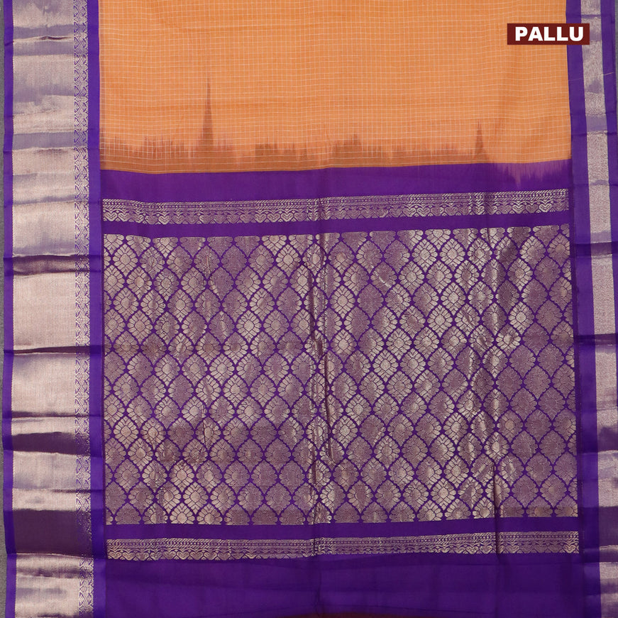 Gadwal cotton saree pale orange and violet with allover checked pattern and zari woven korvai border without blouse