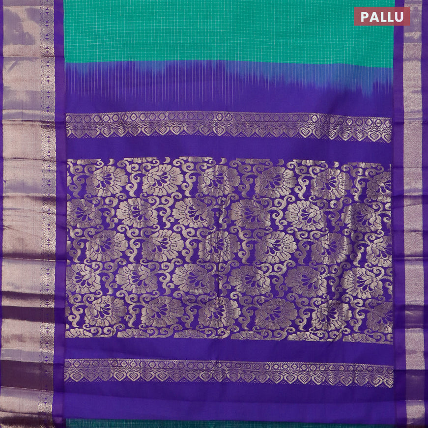 Gadwal cotton saree teal blue and blue with allover checked pattern and zari woven korvai border without blouse