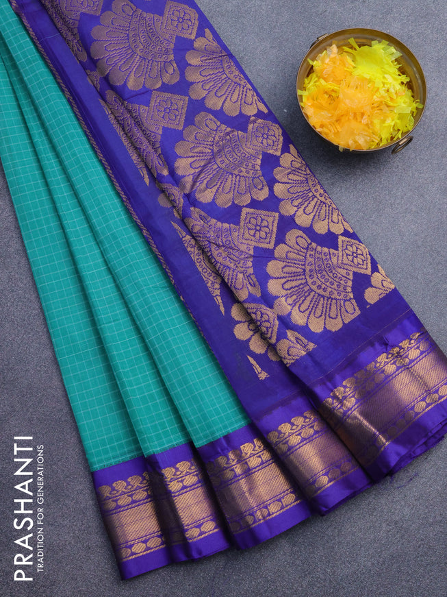 Gadwal cotton saree teal green and blue with allover checked pattern and zari woven korvai border without blouse