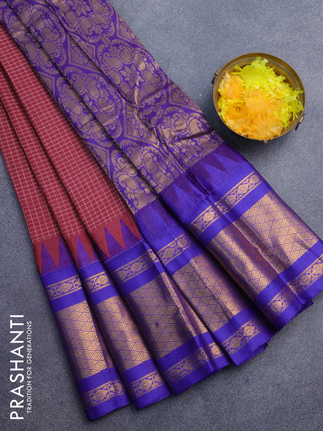 Gadwal cotton saree maroon and blue with allover checked pattern and temple design zari korvai woven border without blouse