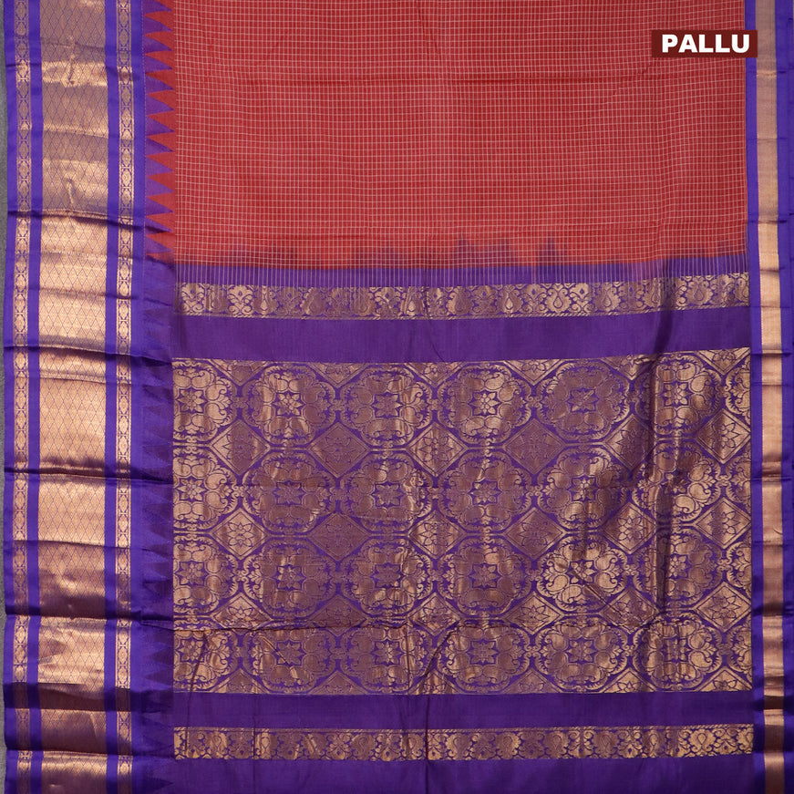 Gadwal cotton saree maroon and blue with allover checked pattern and temple design zari korvai woven border without blouse