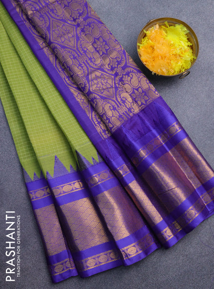 Gadwal cotton saree light green and blue with allover checked pattern and temple design zari korvai woven border without blouse