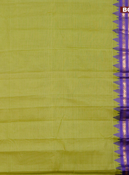 Gadwal cotton saree light green and blue with allover checked pattern and temple design zari korvai woven border without blouse