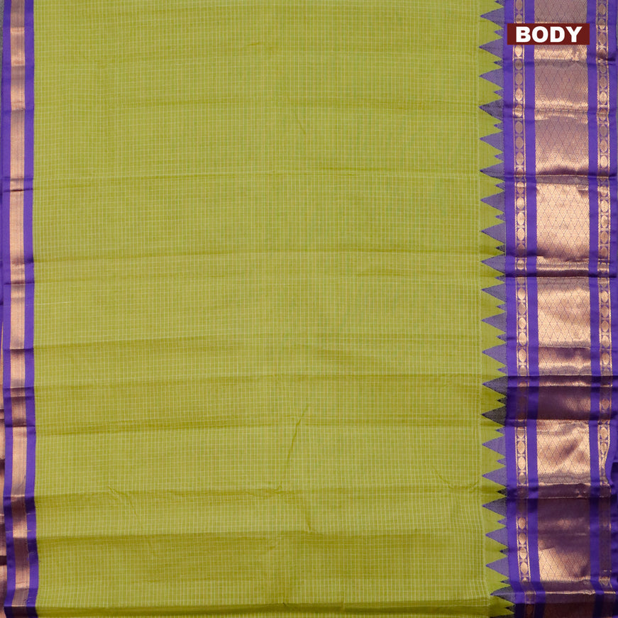 Gadwal cotton saree light green and blue with allover checked pattern and temple design zari korvai woven border without blouse